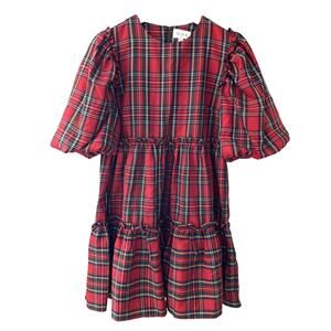 Aura Holiday Plaid Puff Sleeved Tiered Dress - Red Green - XS